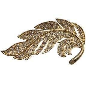 Gold Tone Feather Leaf Brooch Clear Rhinestone Accents